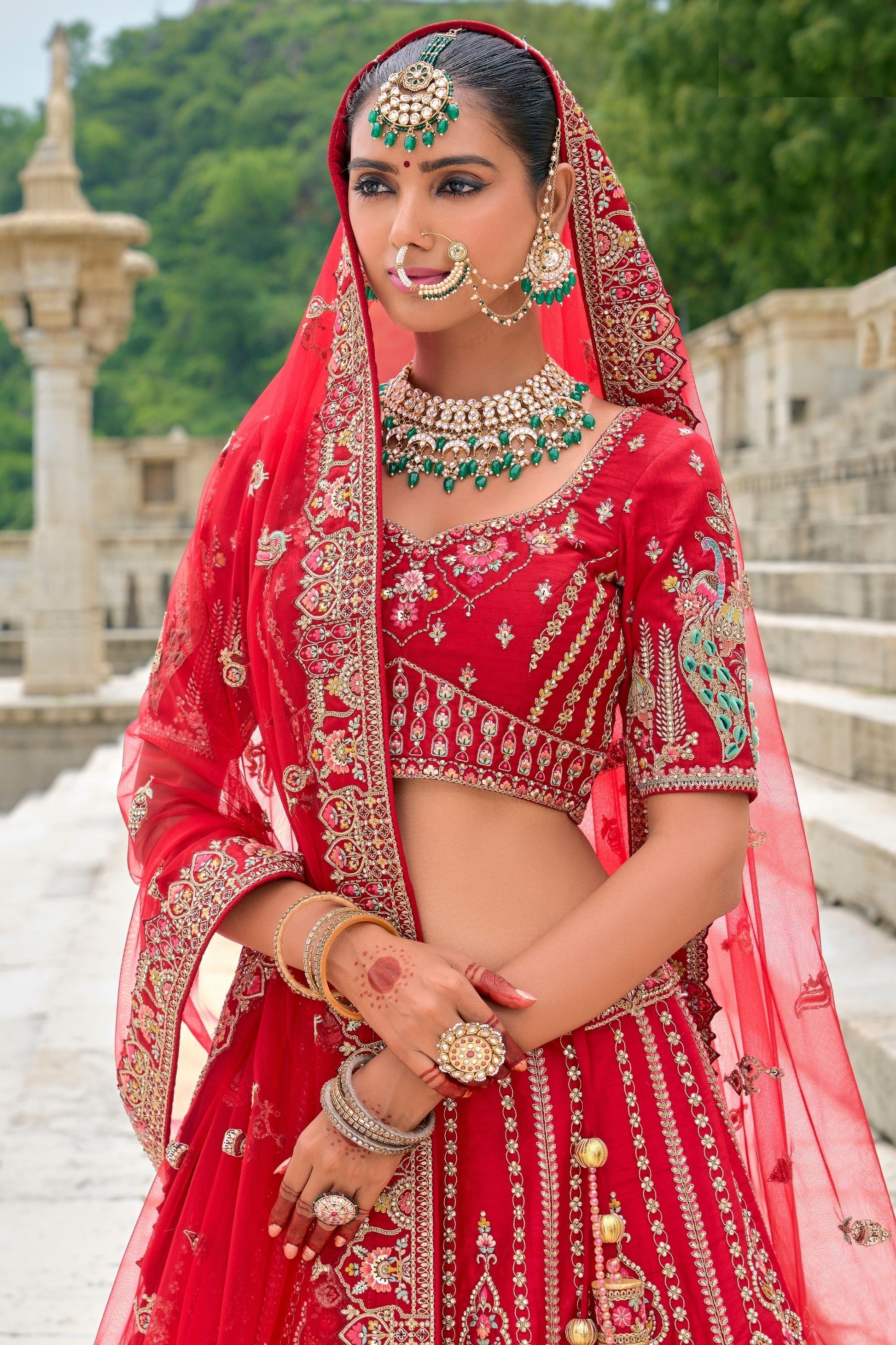 Red Colored Heavy Silk Lehenga, Designer Blouse Piece With Beautiful Embroidery& Diamond Worked Soft Net Dupatta - Marriott Fashion