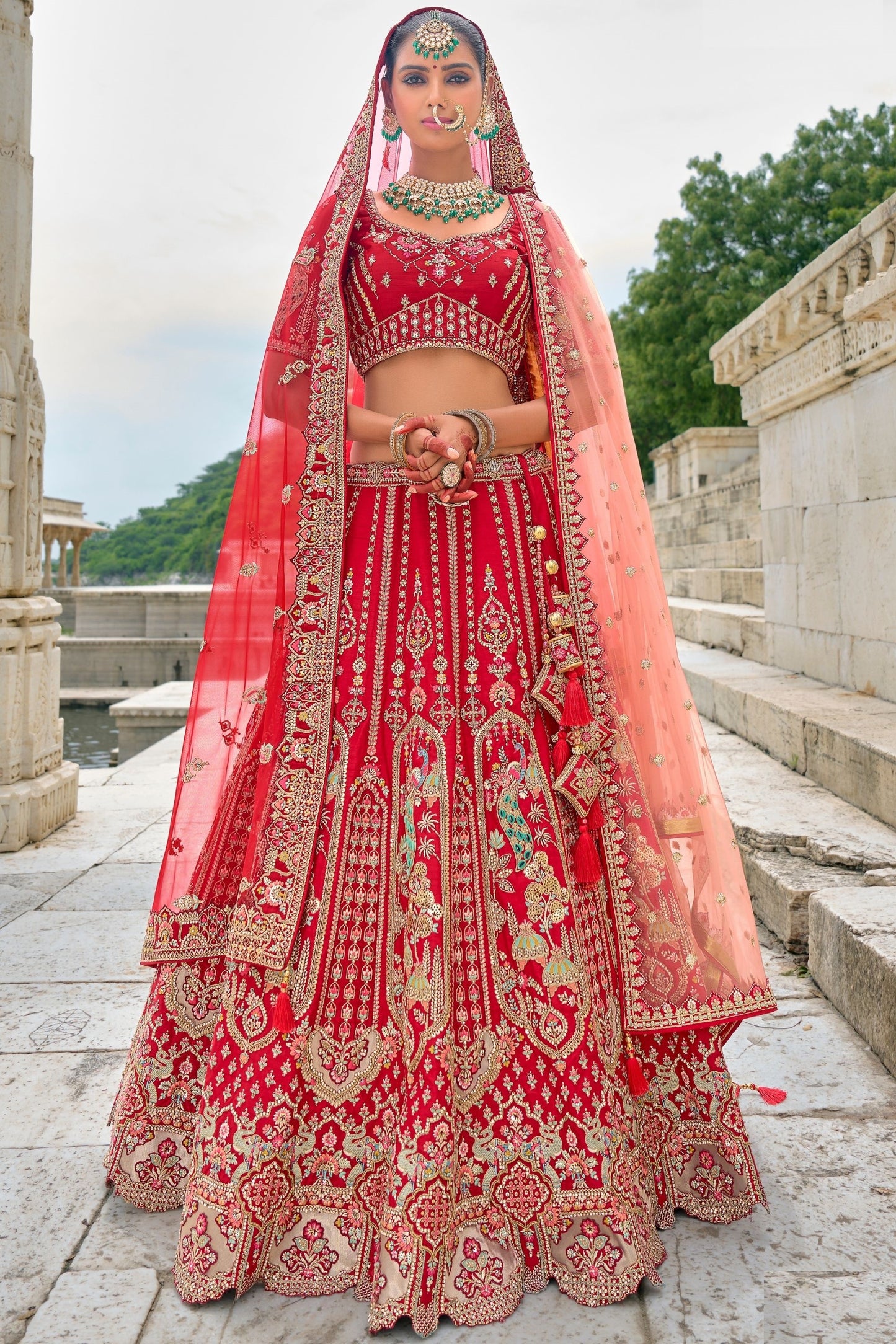 Red Colored Heavy Silk Lehenga, Designer Blouse Piece With Beautiful Embroidery& Diamond Worked Soft Net Dupatta - Marriott Fashion