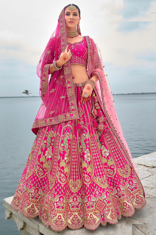 Pink Silk Bridal Wear Lehenga choli With Heavy Embroidery And Stone Worked Net Dupatta - Marriott Fashion