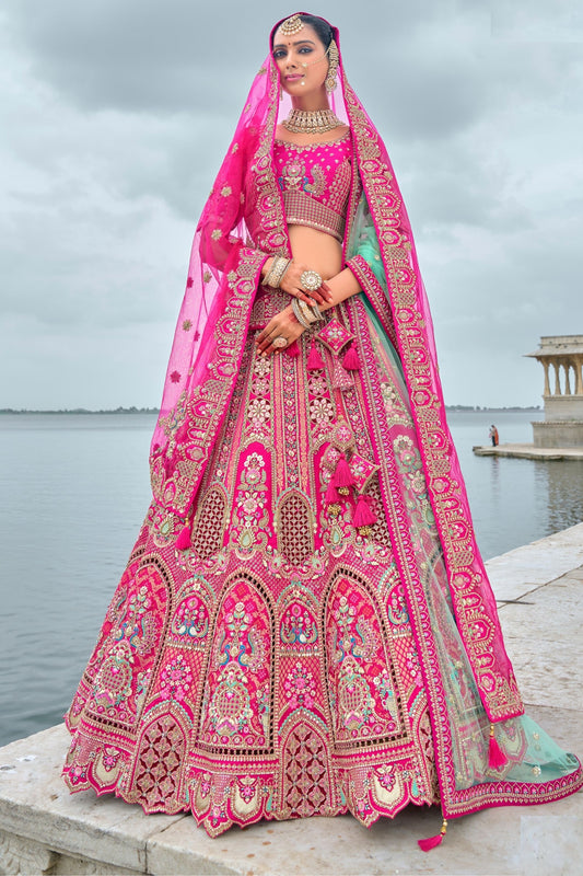 Bridal Wear Rani Pink Color Beautiful Designer Silk Lehenga Choli With Net Dupatta - Marriott Fashion