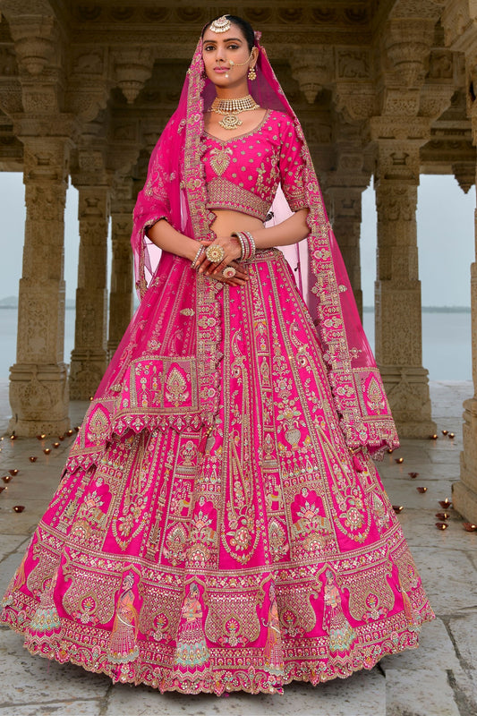 Rani Pink Colored Heavy Silk bridesmaid Lehenga Choli With Designer Embroidered Dupatta in Net - Marriott Fashion