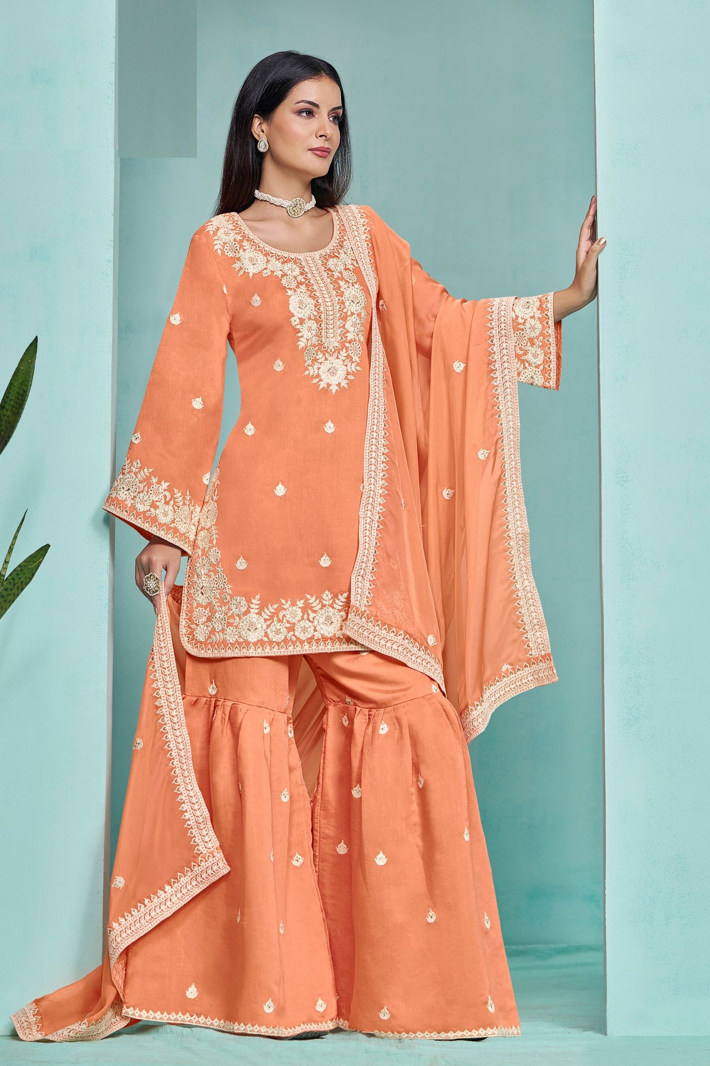 Orange Colored Beautiful Sharara Suit In Silk With Heavy Organza Dupatta , Embroidery Worked Designer Salwar Suits - Marriott Fashion