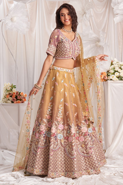 Rose Gold Tissue Silk Moti& Embroidery Worked Wedding Function Wear Lehenga Choli