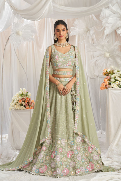 Lemon Green Poly Chiffon Sequence & Thread Worked Indian Wedding & Engagement Wear Lehenga Choli