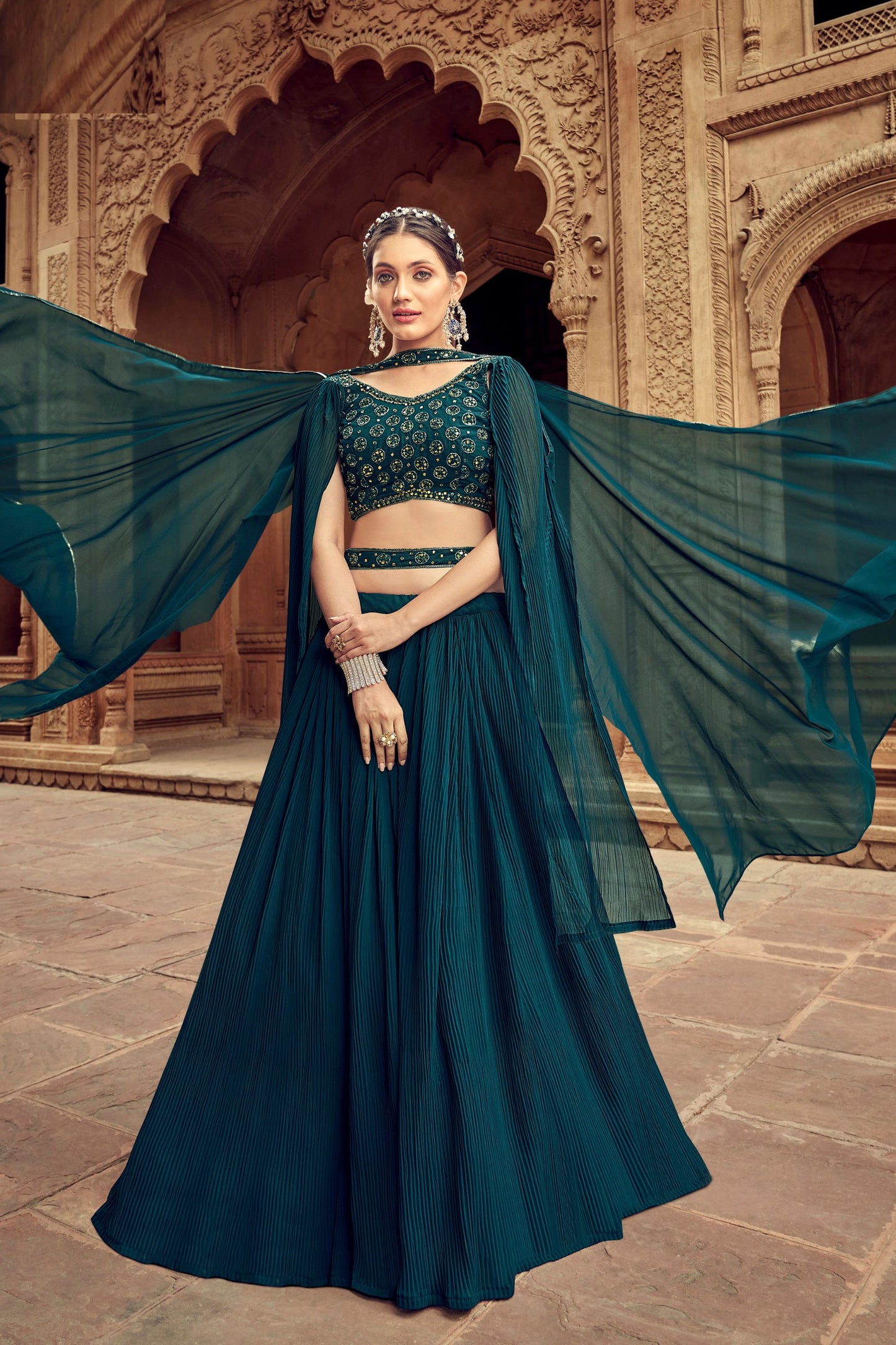 Teal Green Faux Georgette Embroidery Worked Wedding Wear Ready Made Lehenga Choli