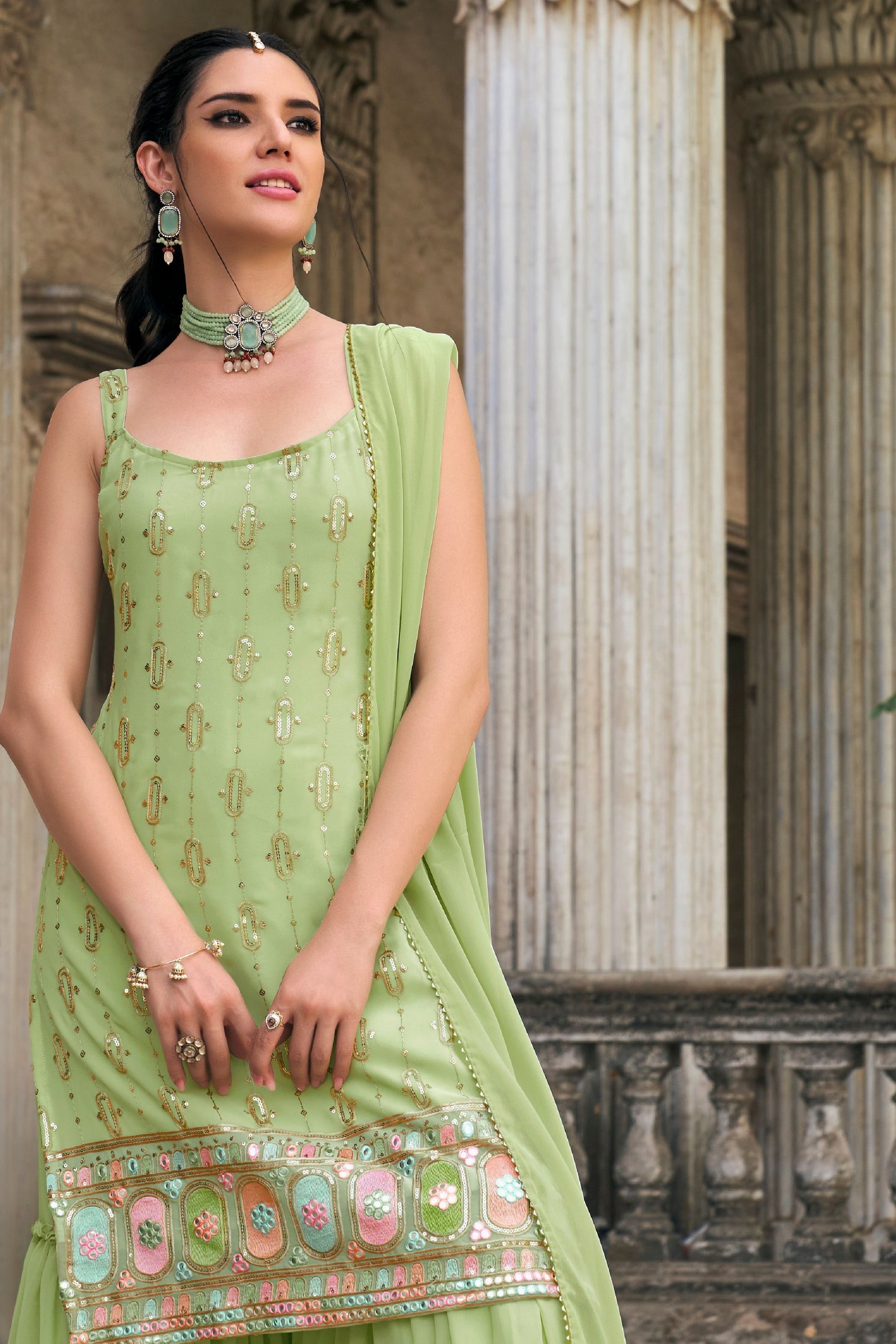 Attractive Pista Green Colored Faux Georgette Sharara Suits With Designer Embroidered Dupatta , Festival Wear Fancy Dresses - Marriott Fashion