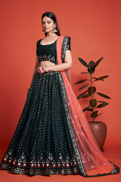 Attractive Dark Green Designer Lehenga with Butterfly Net Dupatta For Indian Wedding and Festival Wear Lehenga Choli And Sequence & Embroidery Work Lehenga Choli - Marriott Fashion