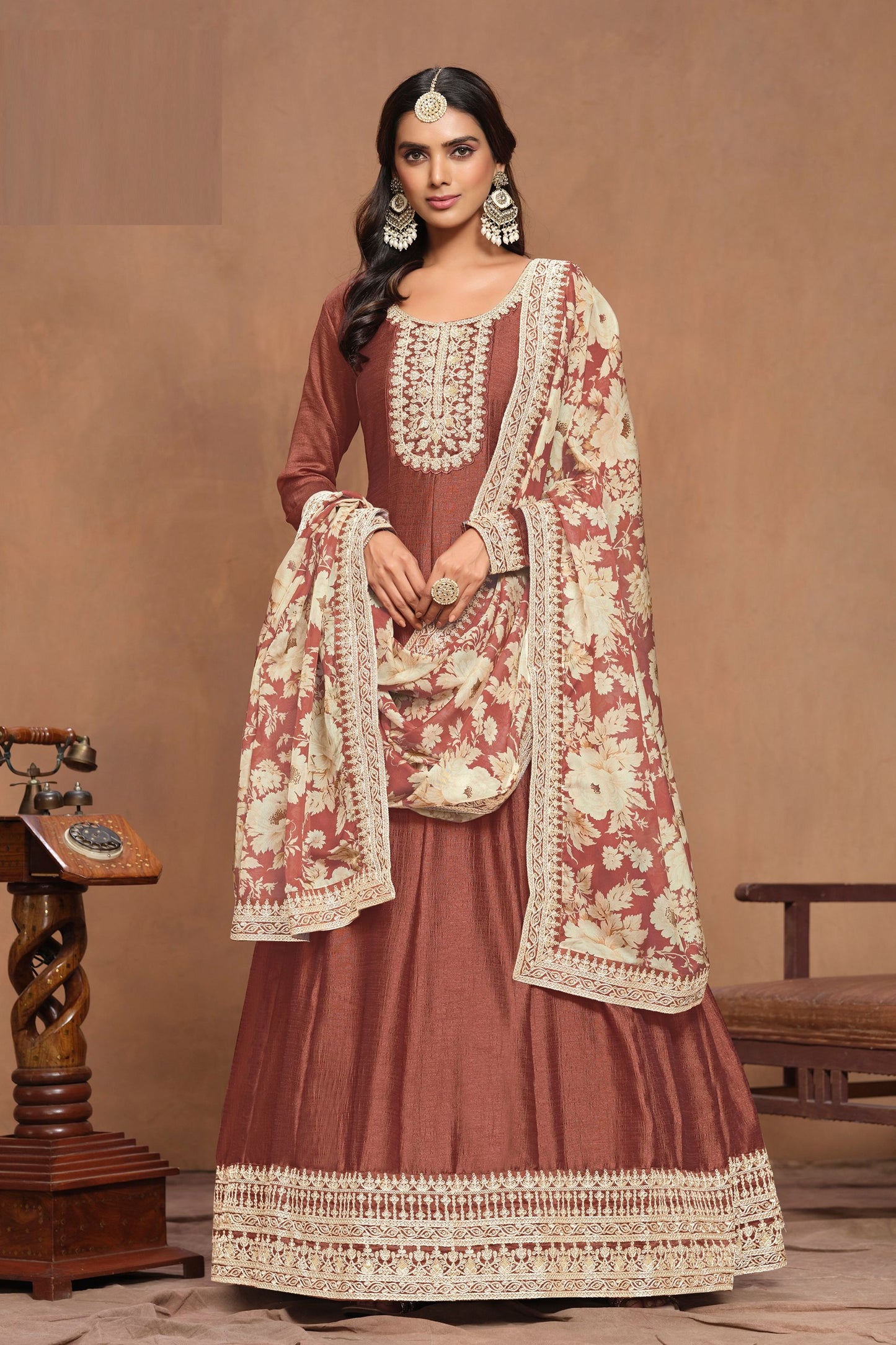 Brown Colored Heavy Art Silk Salwar Kameez With Designer Dupatta , Wedding Function Wear Long Dresses For Women