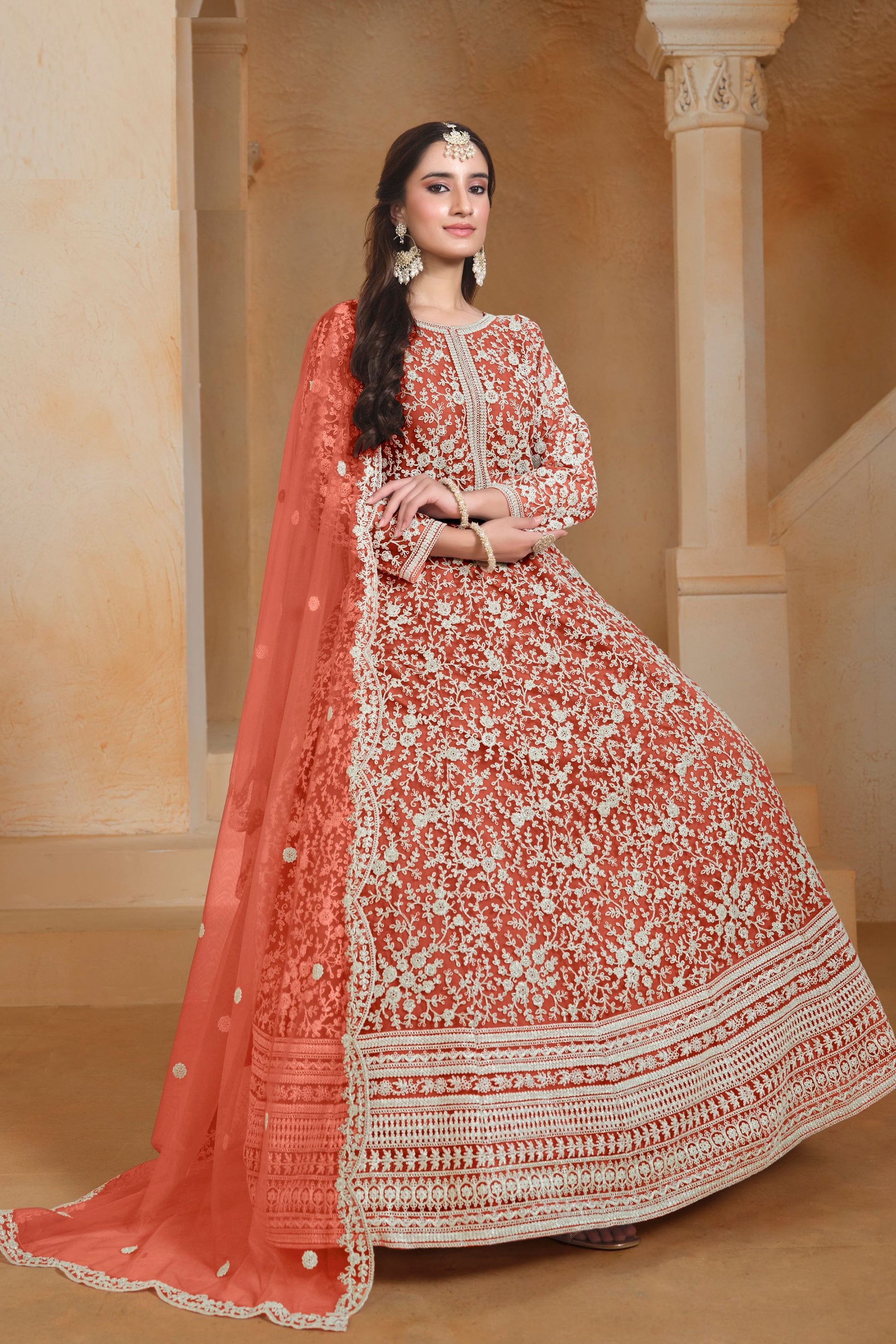 Orange Colored Heavy Net Anarkali Gown , Wedding & Reception Outfit Wear Pakistani Salwar Kameez - Marriott Fashion