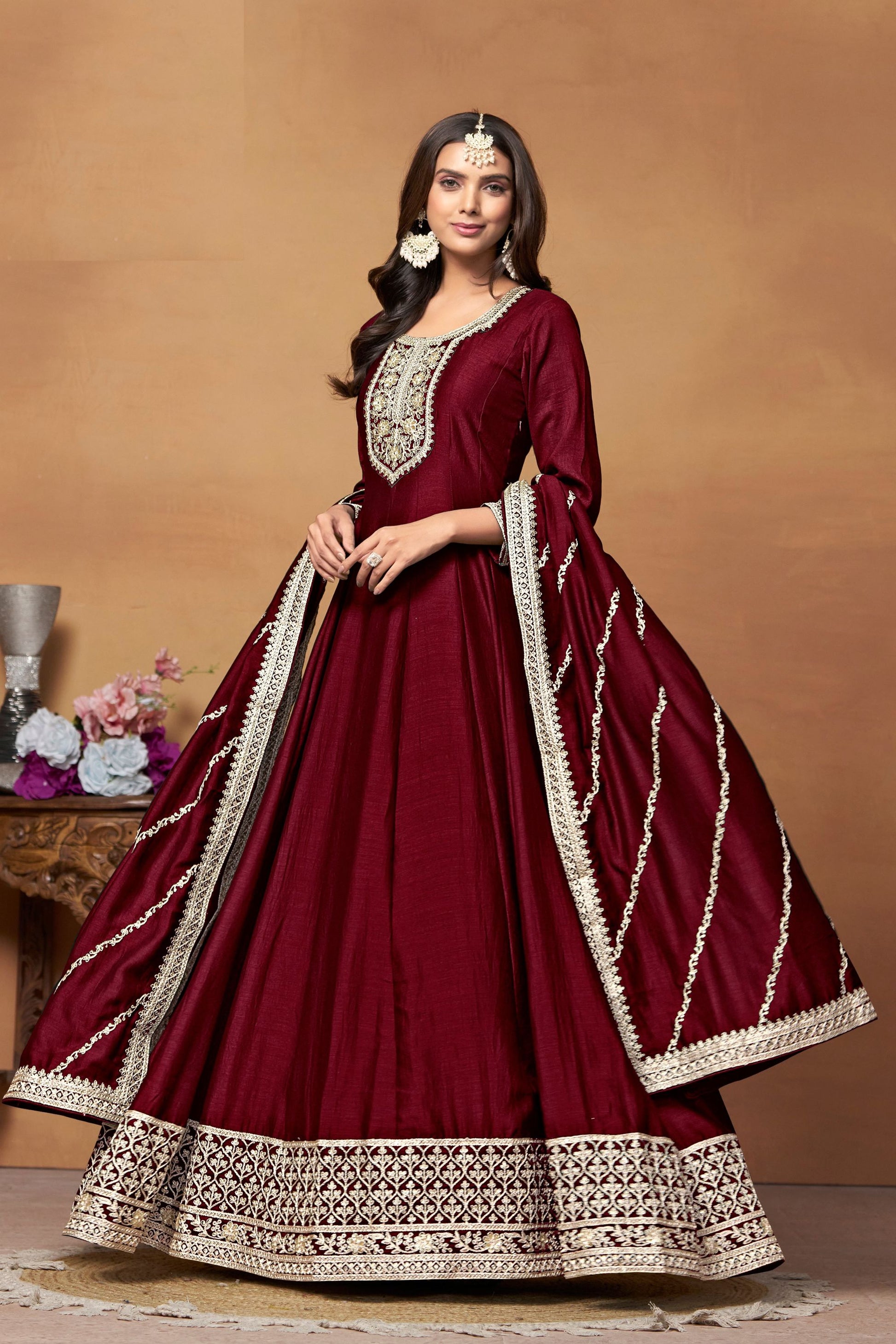 Gorgeous Marron Colored Salwar Suits In Heavy Silk, Santool Bottom With Dupatta, Indian Festival And Wedding Wear Long Gown Suits - Marriott Fashion