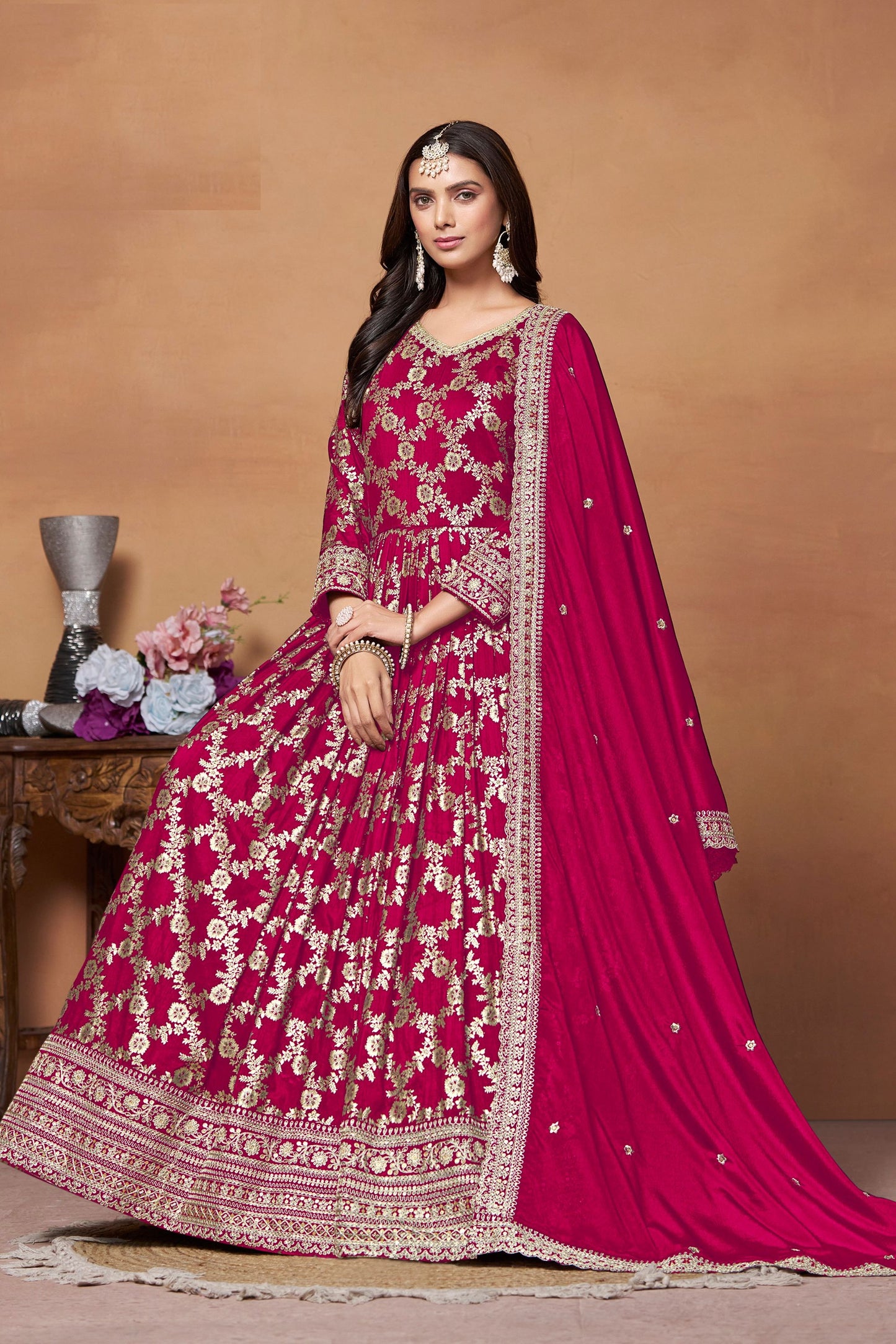 Rani Pink Dola Jacquard Silk Long Gown With Embroidery work For Wedding Function Wear Anarkali Suit