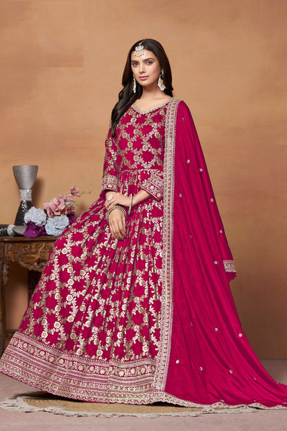 Rani Pink Dola Jacquard Silk Long Gown With Embroidery work For Wedding Function Wear Anarkali Suit