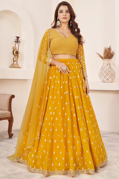 Yellow Colored Georgette Lehenga Choli With Dupatta For Indian Wedding Function Heavy Sequence Worked Lehenga Choli - Marriott Fashion