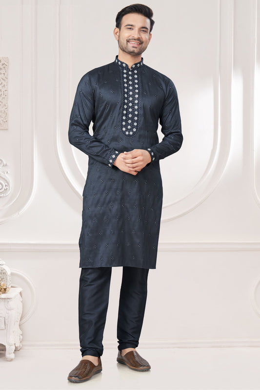 Grey Pure Silk Embroidery Worked Festival Wear Kurta Pajama