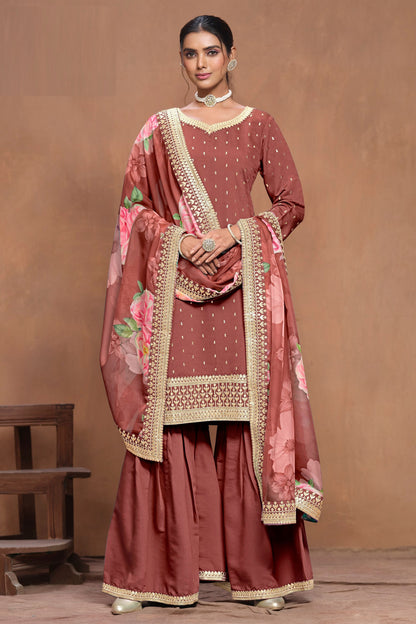 Brown Heavy Silk Embroidery Worked Indian Wedding & Festival Wear Palazzo Suit