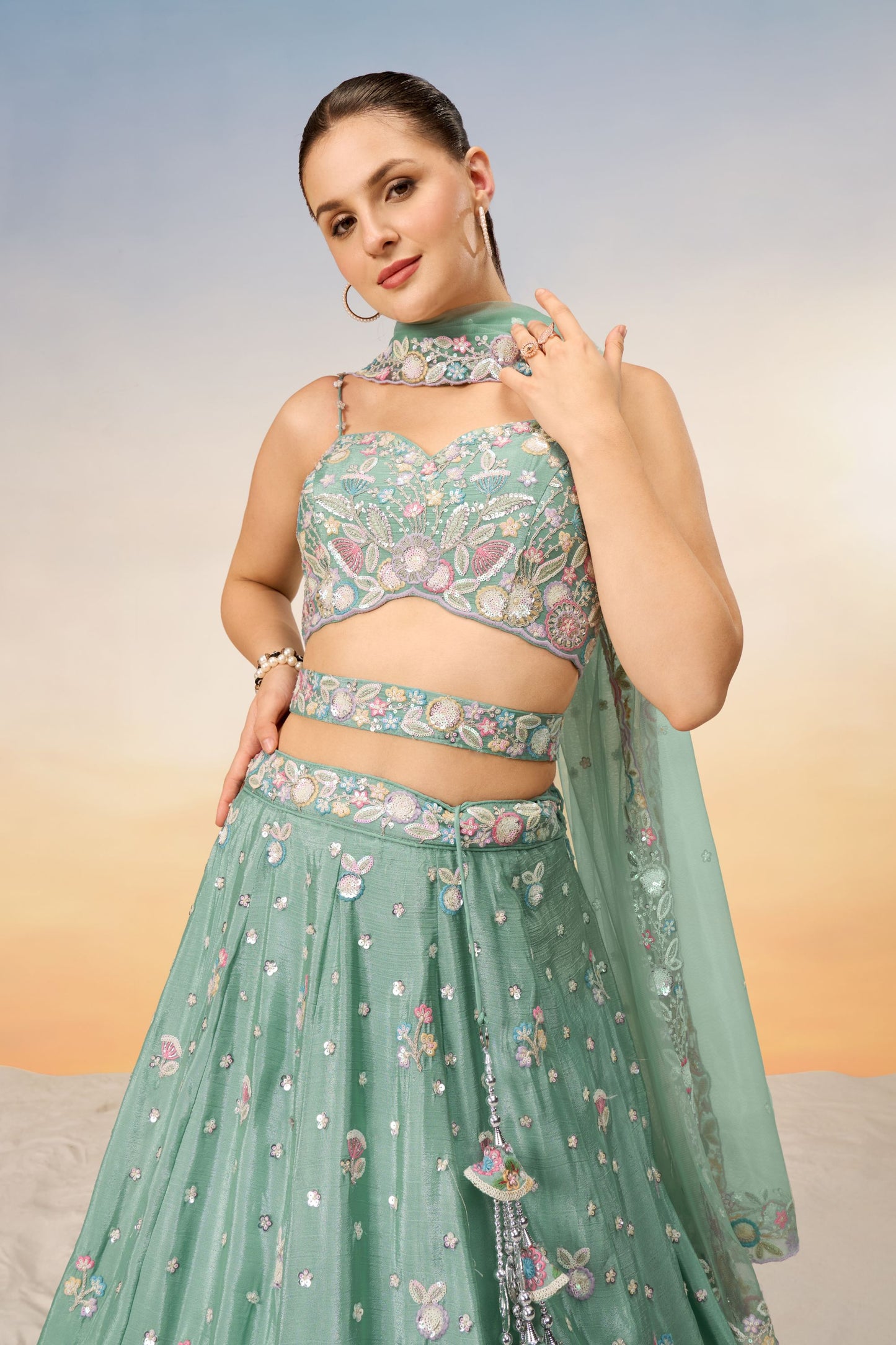 LimeGreen Poly Chiffon Thread Worked Wedding &Engagement Wear Attractive Lehenga Choli