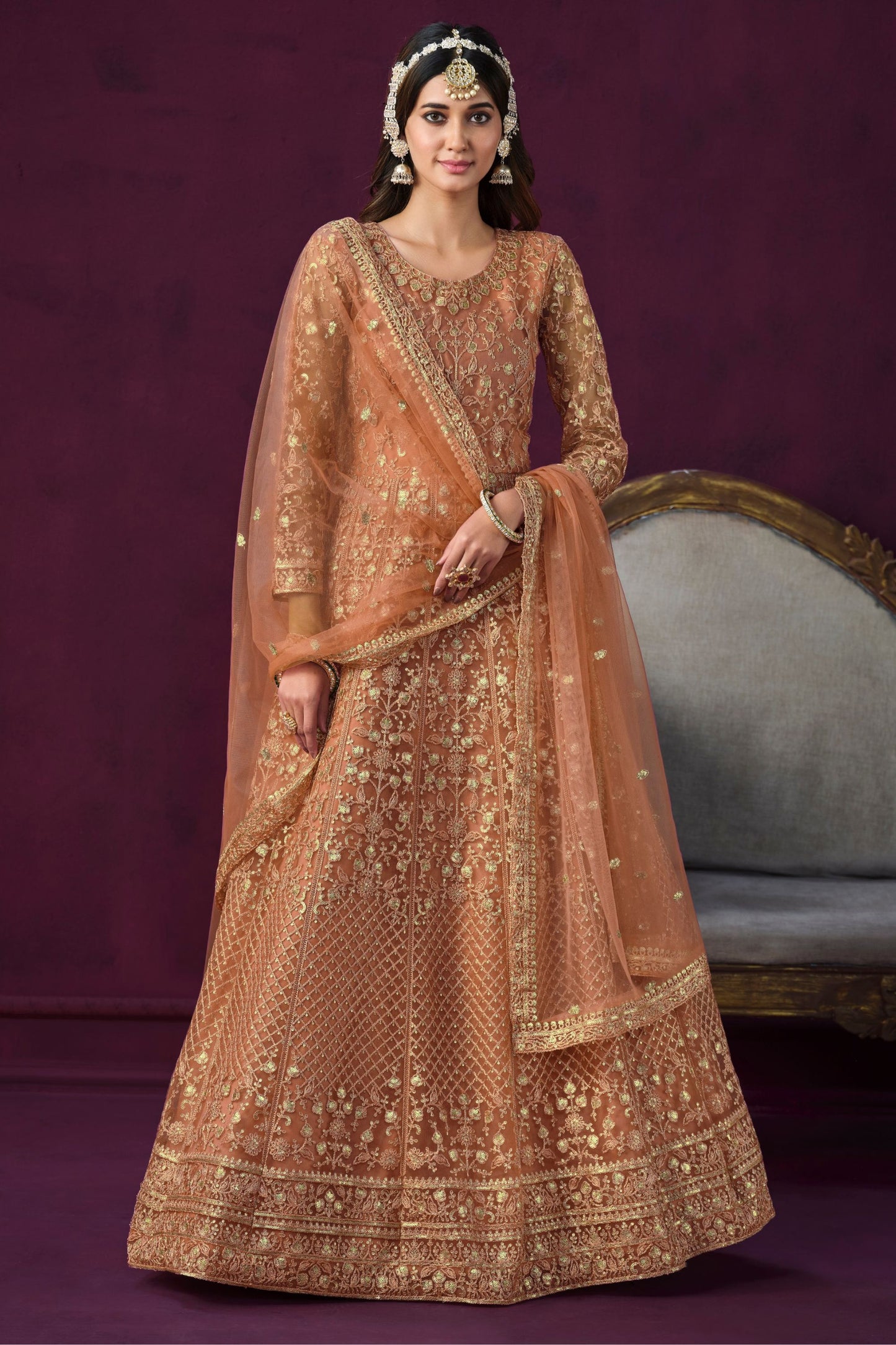 Orange Heavy Net Embroidery Worked Pakistani Festival & Wedding Wear Anarkali Gown