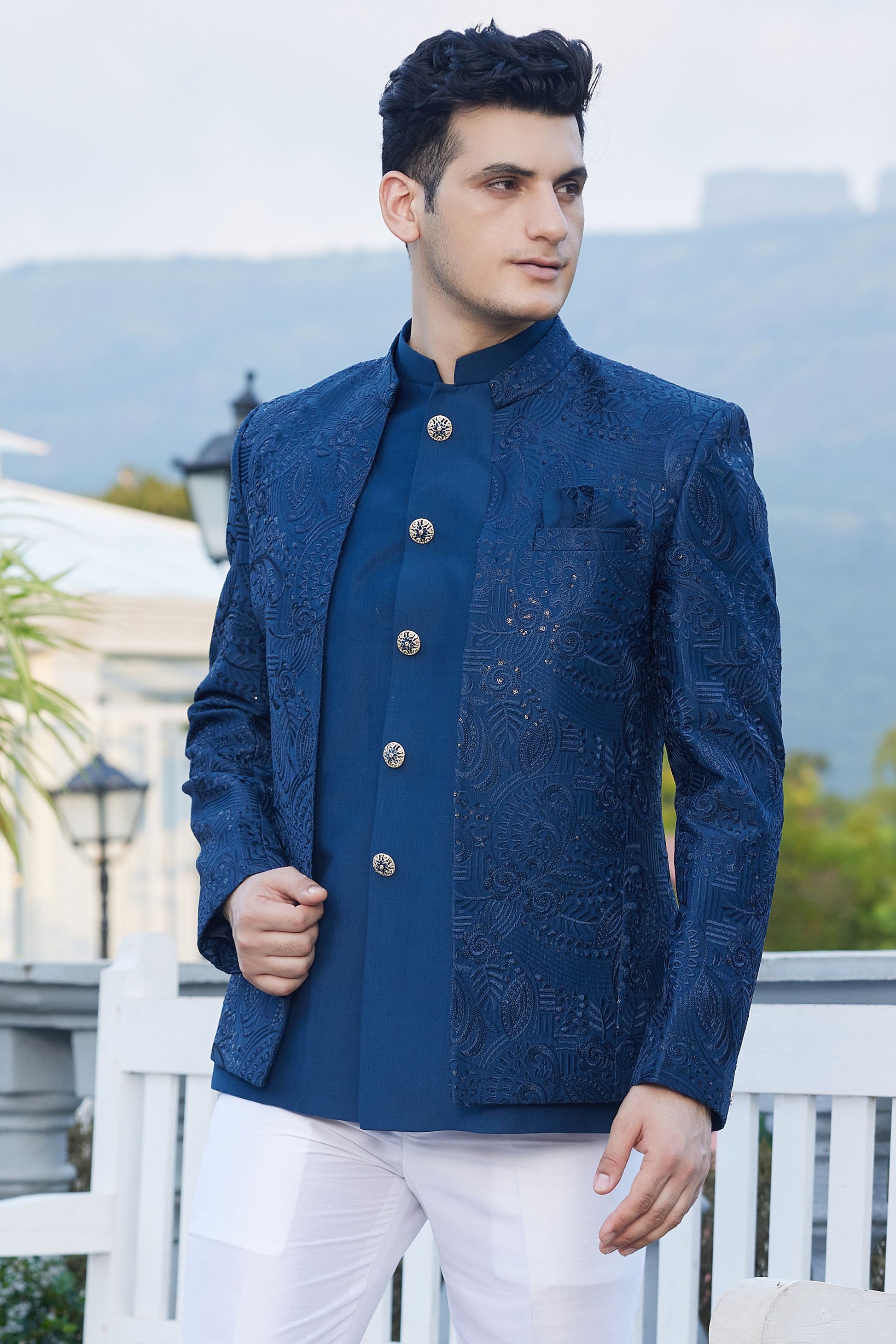 Blue Colored Art Silk Indo Western, Wedding Wear Jodhpuri Style Set For Men - Marriott Fashion