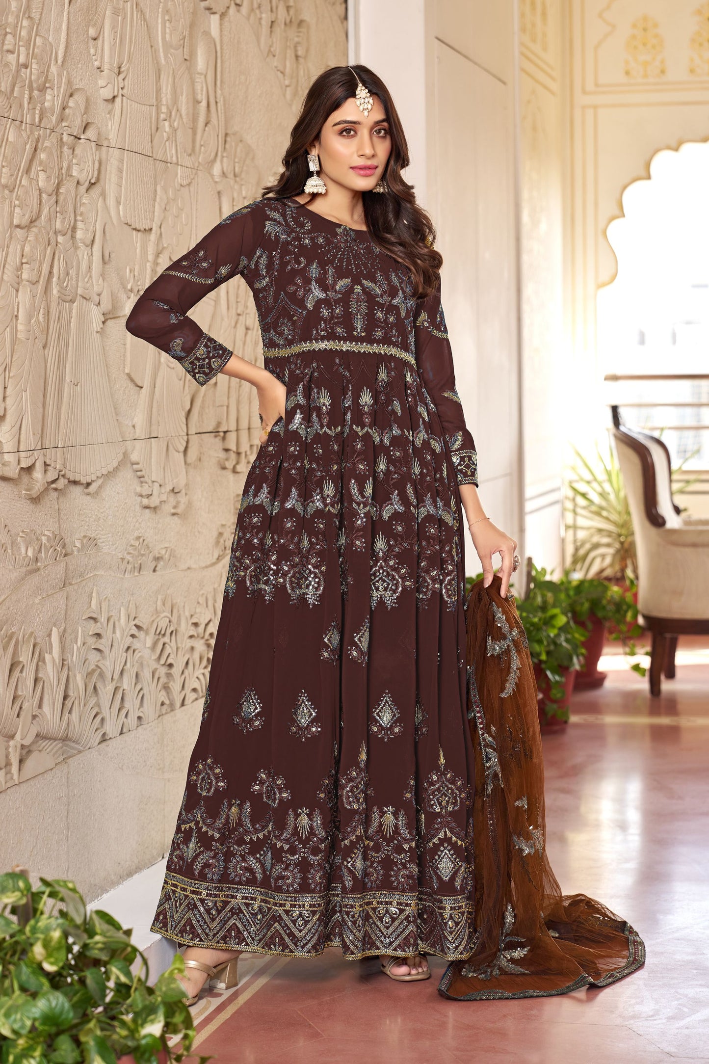 Brown Colored Faux Georgette Long Salwar Suits, Dull Santoon Bottom With Net Dupatta - Marriott Fashion