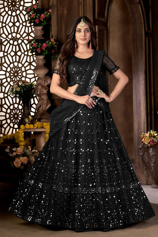 Black Heavy Net Sequence Worked Wedding And Party Wear Lehenga Choli