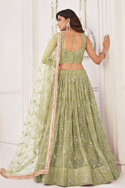 Pista Green Butterfly Net Lehenga Choli With Embroidered Dupatta, Engagement Outfit Wear Beautiful Lehenga Choli - Marriott Fashion