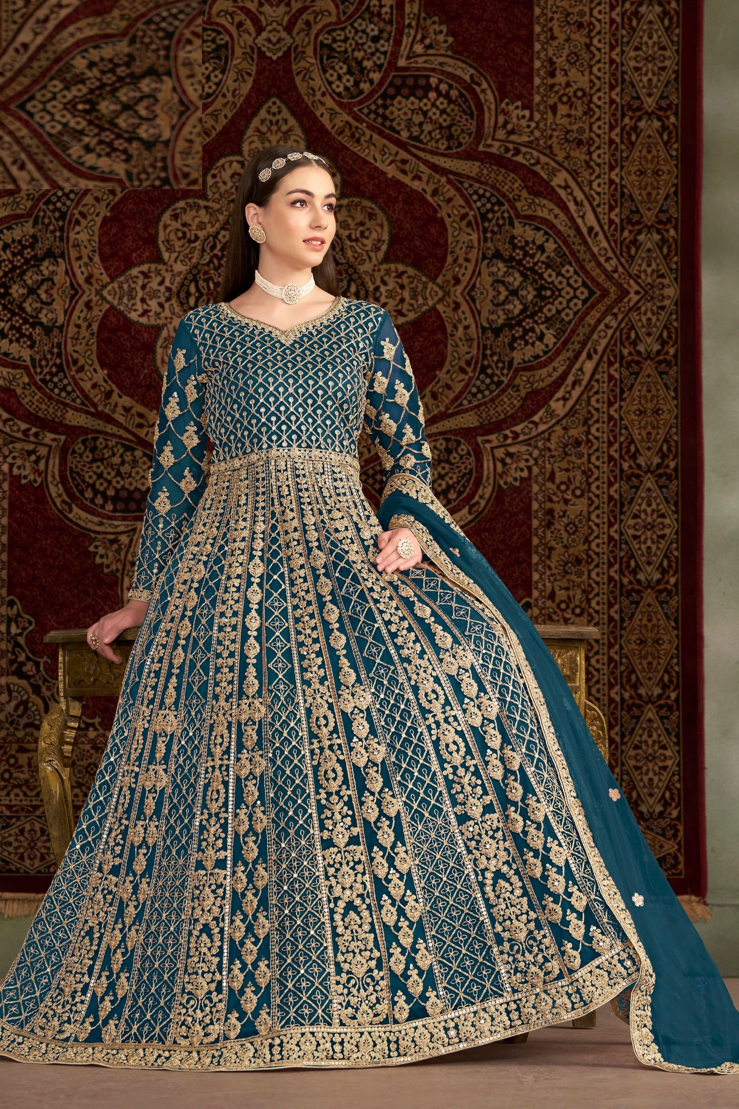 Blue Heavy Net Wonderful Embroidery Worked Pakistani Wedding Wear Anarkali Gown