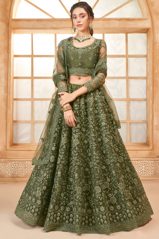 Beautiful Green Colored Heavy Net Lehenga, Un Stitched Blouse With Stone Worked Dupatta, Wedding Function Wear Lehenga Choli - Marriott Fashion