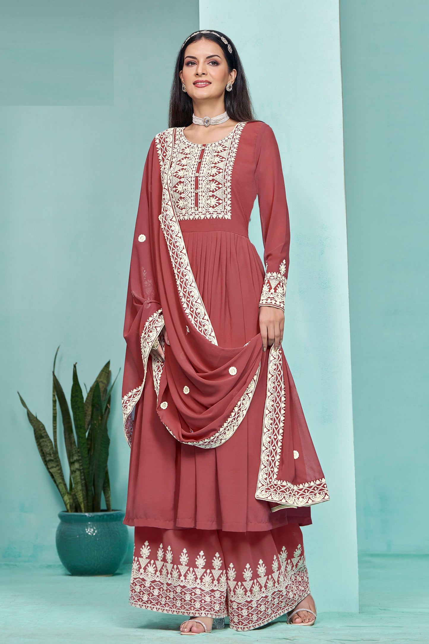 Marron Colored Faux Georgette Palazzo Suits With Embroidered Dupatta