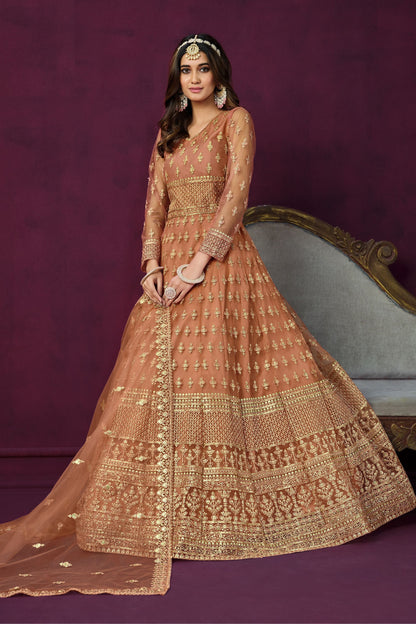 Orange Fancy Net Embroidered Wedding And Party Wear Anarkali Gown