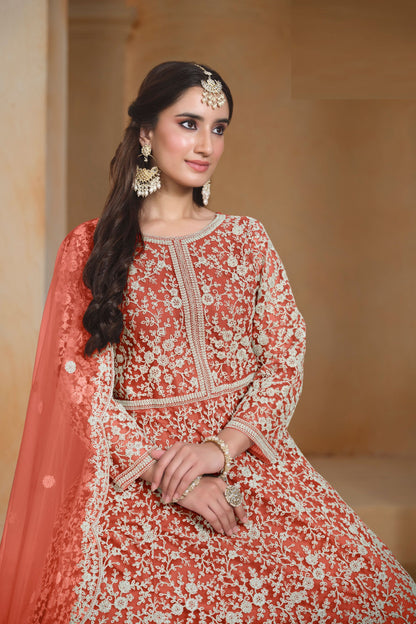 Orange Colored Heavy Net Anarkali Gown , Wedding & Reception Outfit Wear Pakistani Salwar Kameez - Marriott Fashion