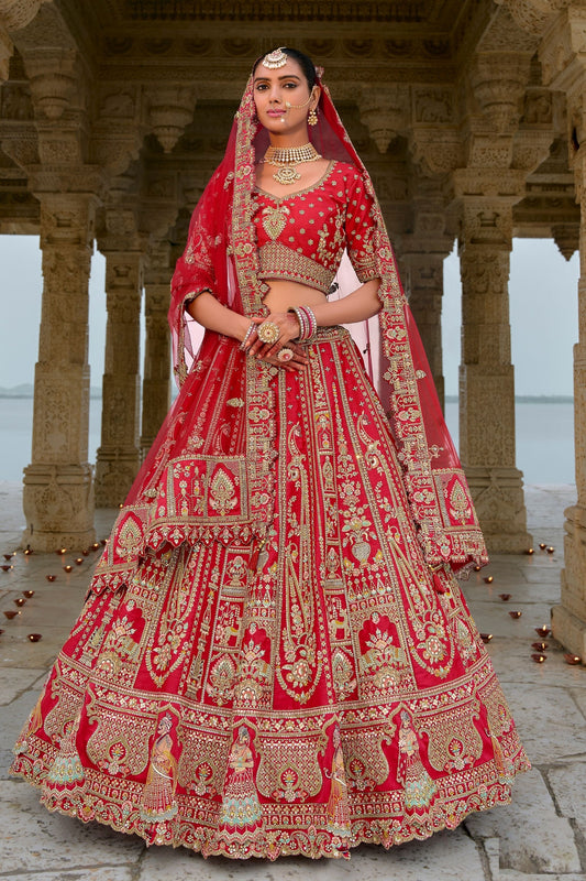 Red Colored Bridal Wear Silk Lehenga choli with Diamond Worked Net Dupatta - Marriott Fashion