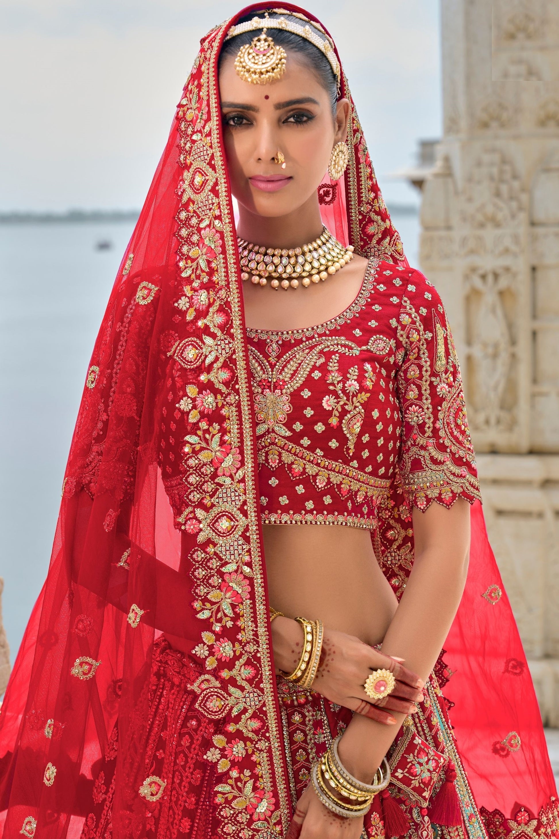 Wonderful Red Colored Heavy Silk Lehenga choli With Diamond And Embroidery Worked Dupatta - Marriott Fashion