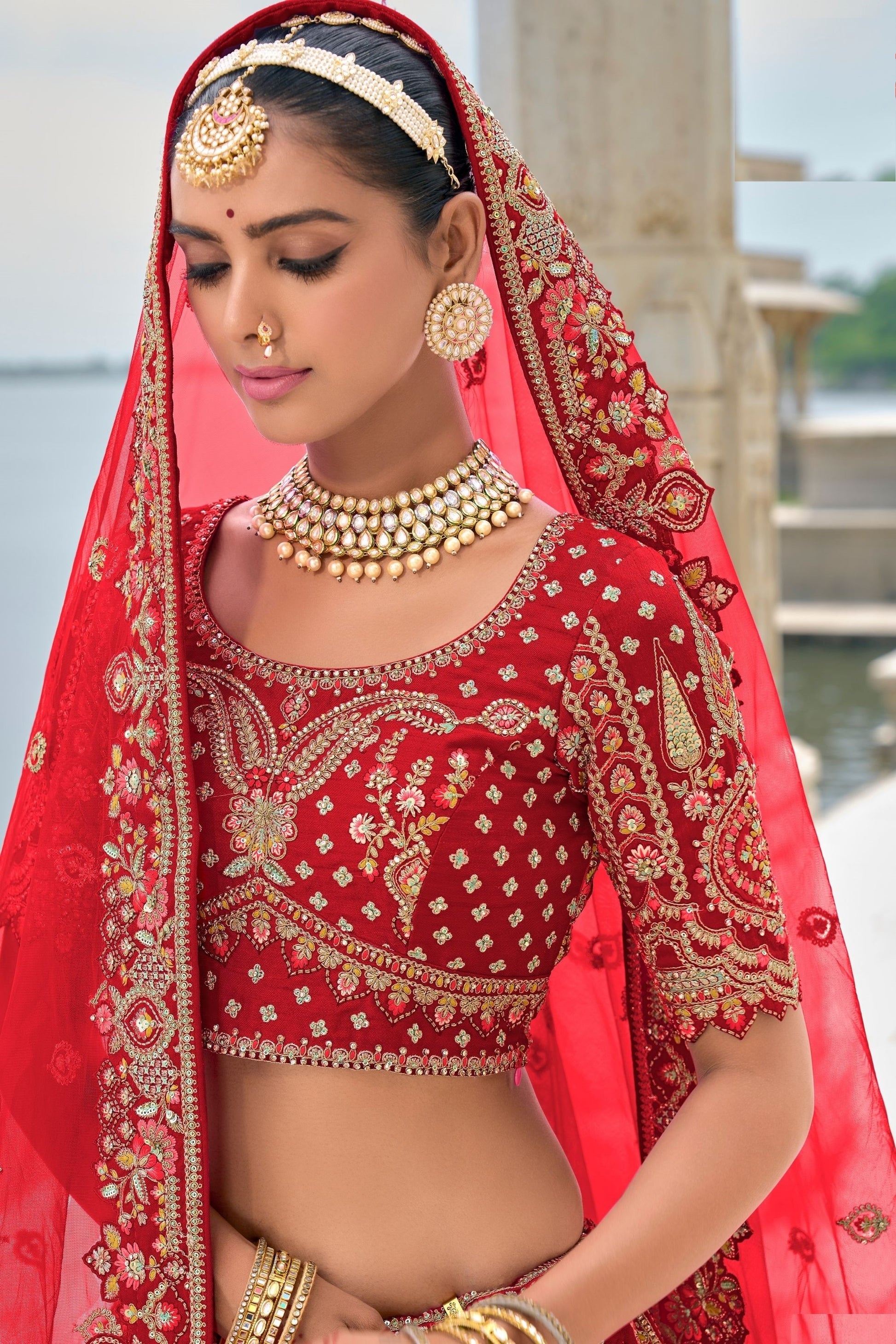 Wonderful Red Colored Heavy Silk Lehenga choli With Diamond And Embroidery Worked Dupatta - Marriott Fashion