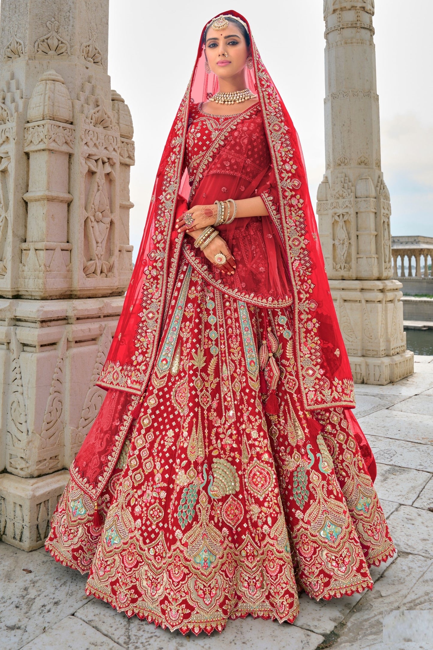 Wonderful Red Colored Heavy Silk Lehenga choli With Diamond And Embroidery Worked Dupatta - Marriott Fashion