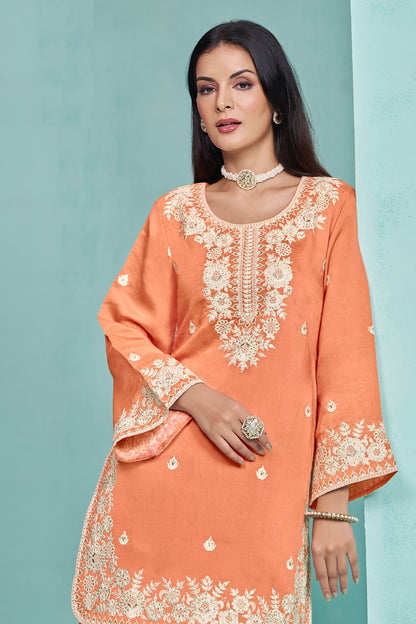 Orange Colored Beautiful Sharara Suit In Silk With Heavy Organza Dupatta , Embroidery Worked Designer Salwar Suits - Marriott Fashion