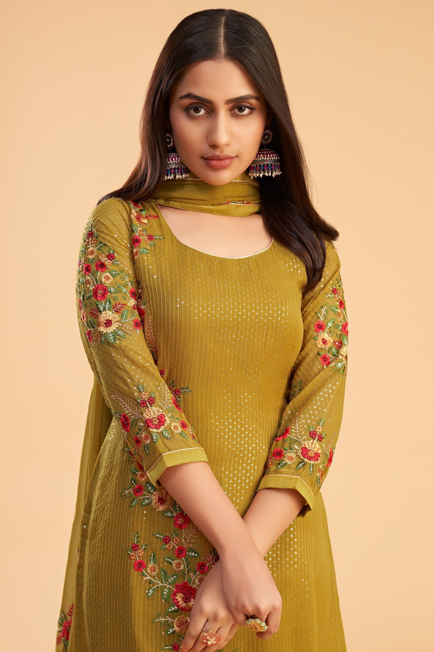 Mustard Heavy Georgette Multi Thread Worked Festival Wear Salwar Kameez