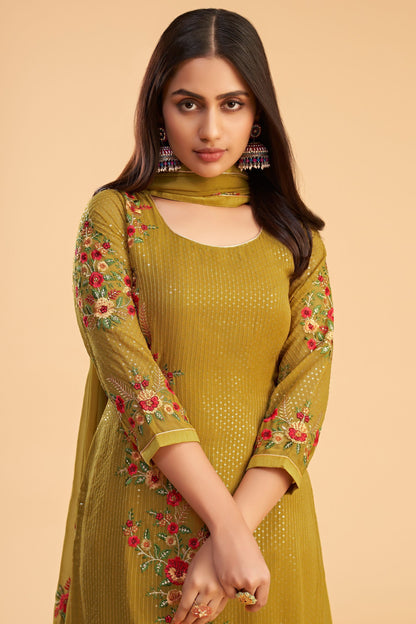 Mustard Heavy Georgette Multi Thread Worked Festival Wear Salwar Kameez