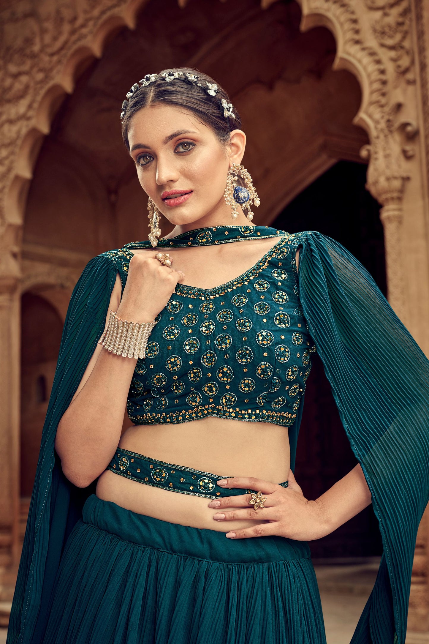 Teal Green Faux Georgette Embroidery Worked Wedding Wear Ready Made Lehenga Choli