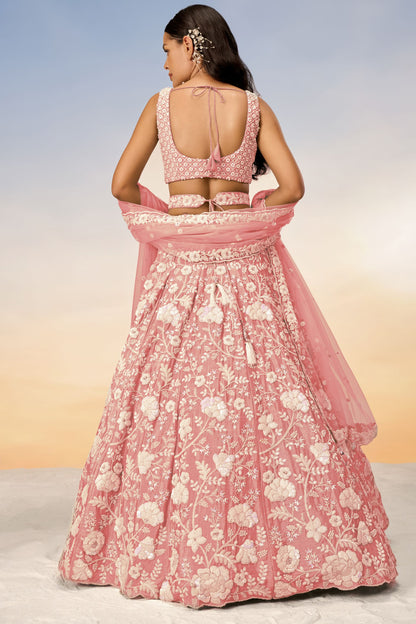 Rose Gold Poly Georgette Stone Worked Engagement Wear Lehenga Choli