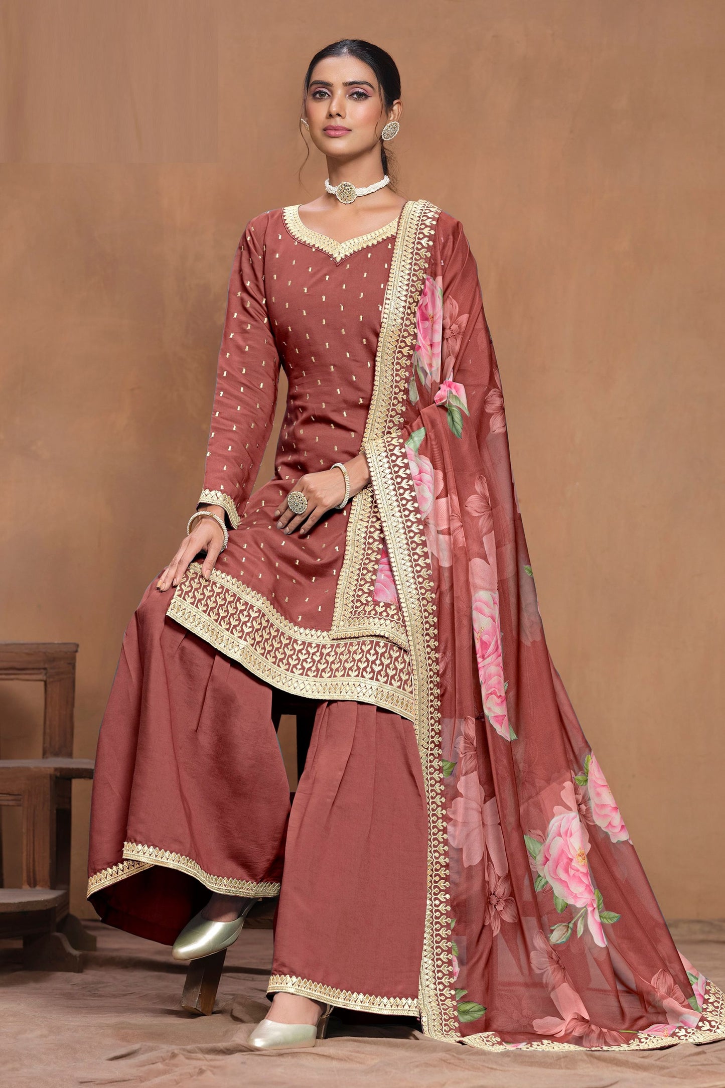 Brown Heavy Silk Embroidery Worked Indian Wedding & Festival Wear Palazzo Suit