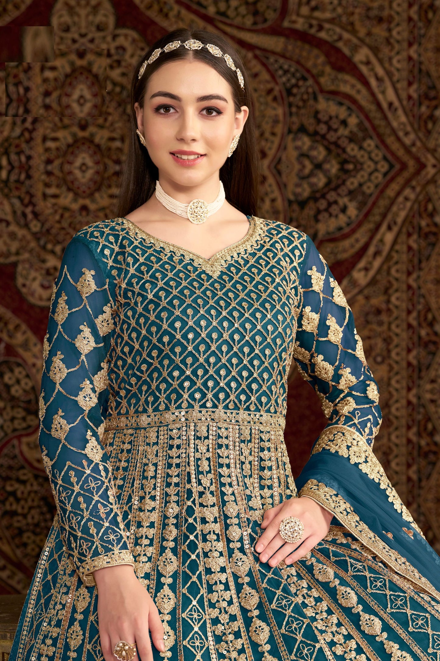 Blue Heavy Net Wonderful Embroidery Worked Pakistani Wedding Wear Anarkali Gown