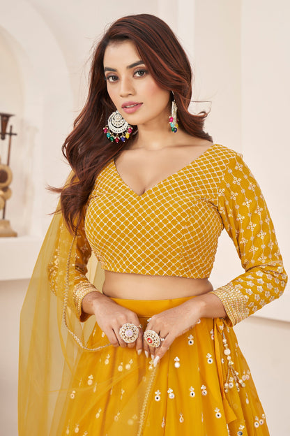 Yellow Colored Georgette Lehenga Choli With Dupatta For Indian Wedding Function Heavy Sequence Worked Lehenga Choli - Marriott Fashion