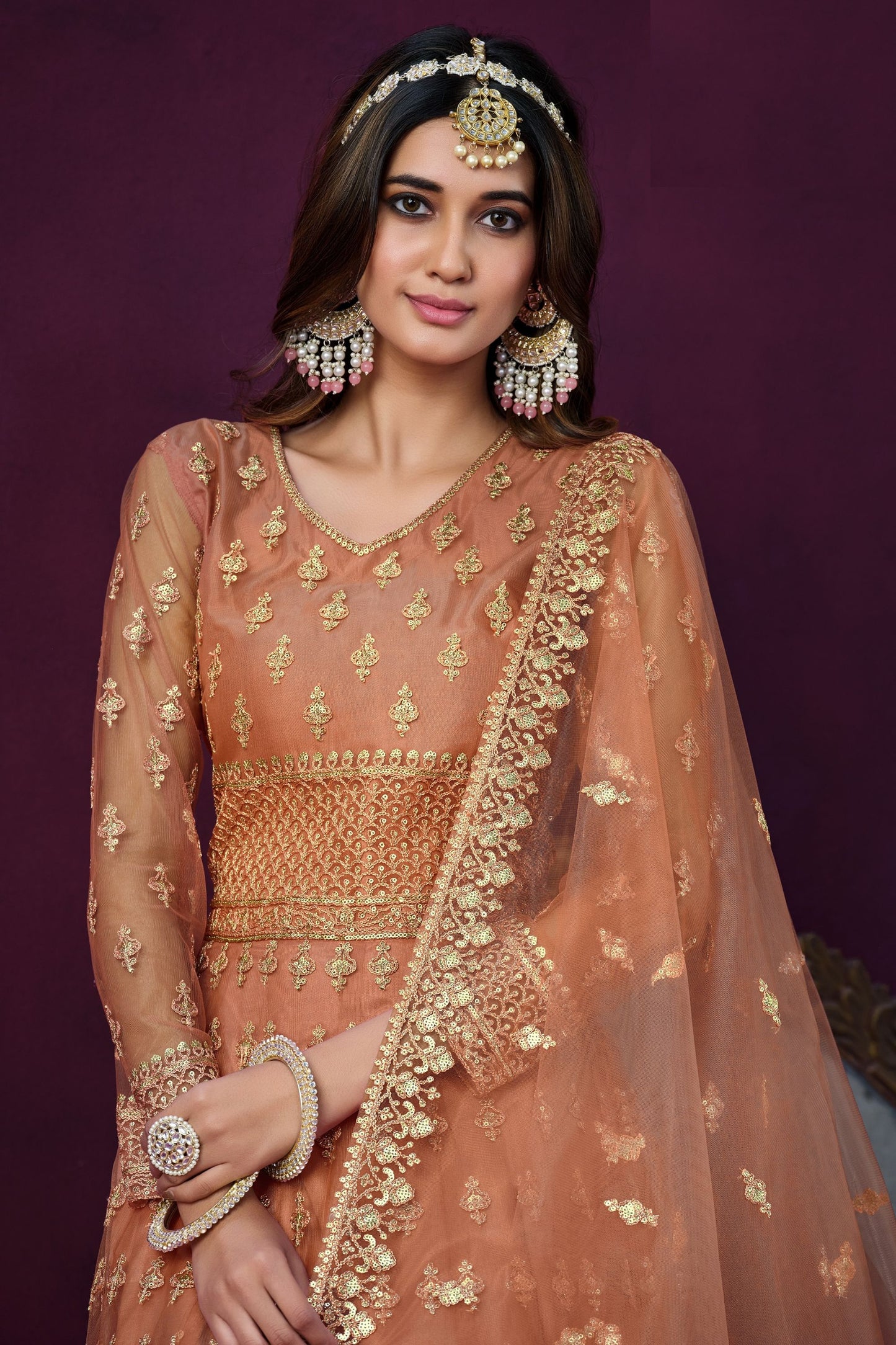 Orange Fancy Net Embroidered Wedding And Party Wear Anarkali Gown