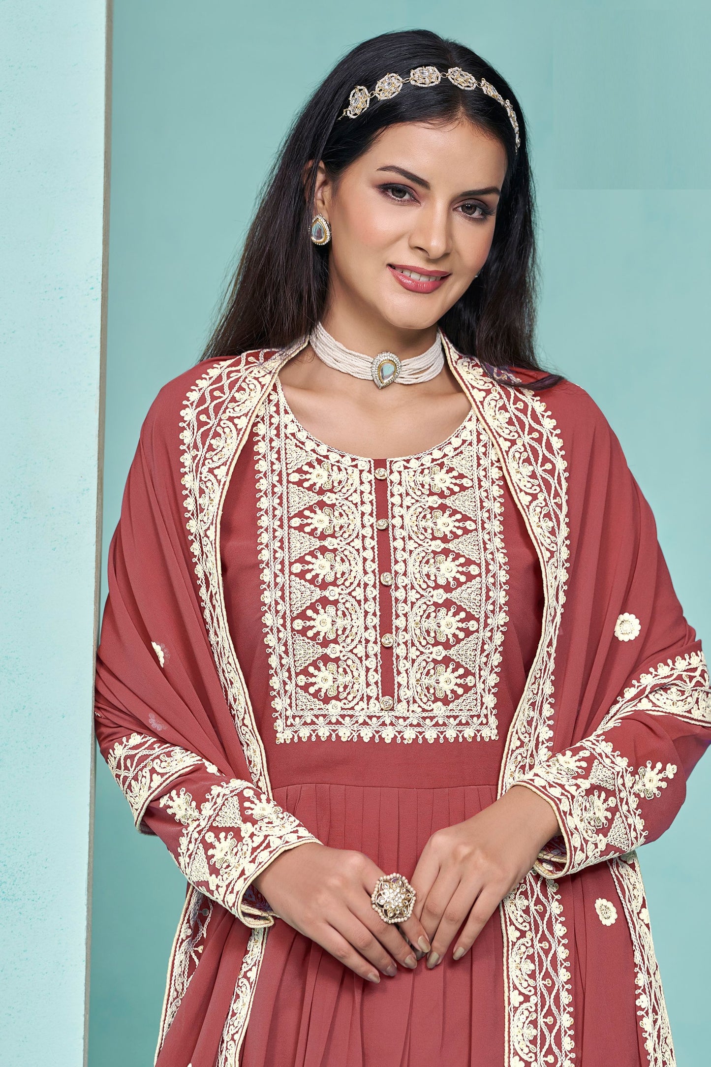 Marron Colored Faux Georgette Palazzo Suits With Embroidered Dupatta