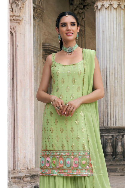 Attractive Pista Green Colored Faux Georgette Sharara Suits With Designer Embroidered Dupatta , Festival Wear Fancy Dresses - Marriott Fashion