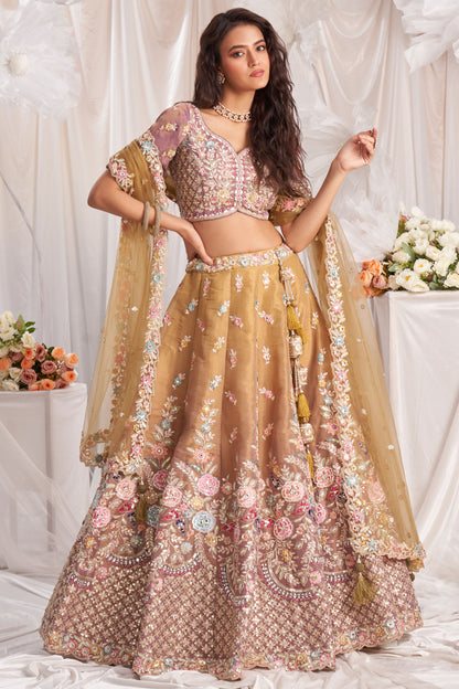 Rose Gold Tissue Silk Moti& Embroidery Worked Wedding Function Wear Lehenga Choli