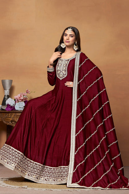 Gorgeous Marron Colored Salwar Suits In Heavy Silk, Santool Bottom With Dupatta, Indian Festival And Wedding Wear Long Gown Suits - Marriott Fashion