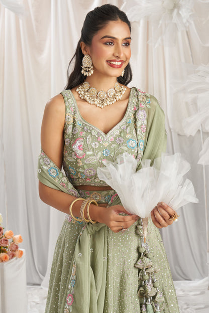 Lemon Green Poly Chiffon Sequence & Thread Worked Indian Wedding & Engagement Wear Lehenga Choli