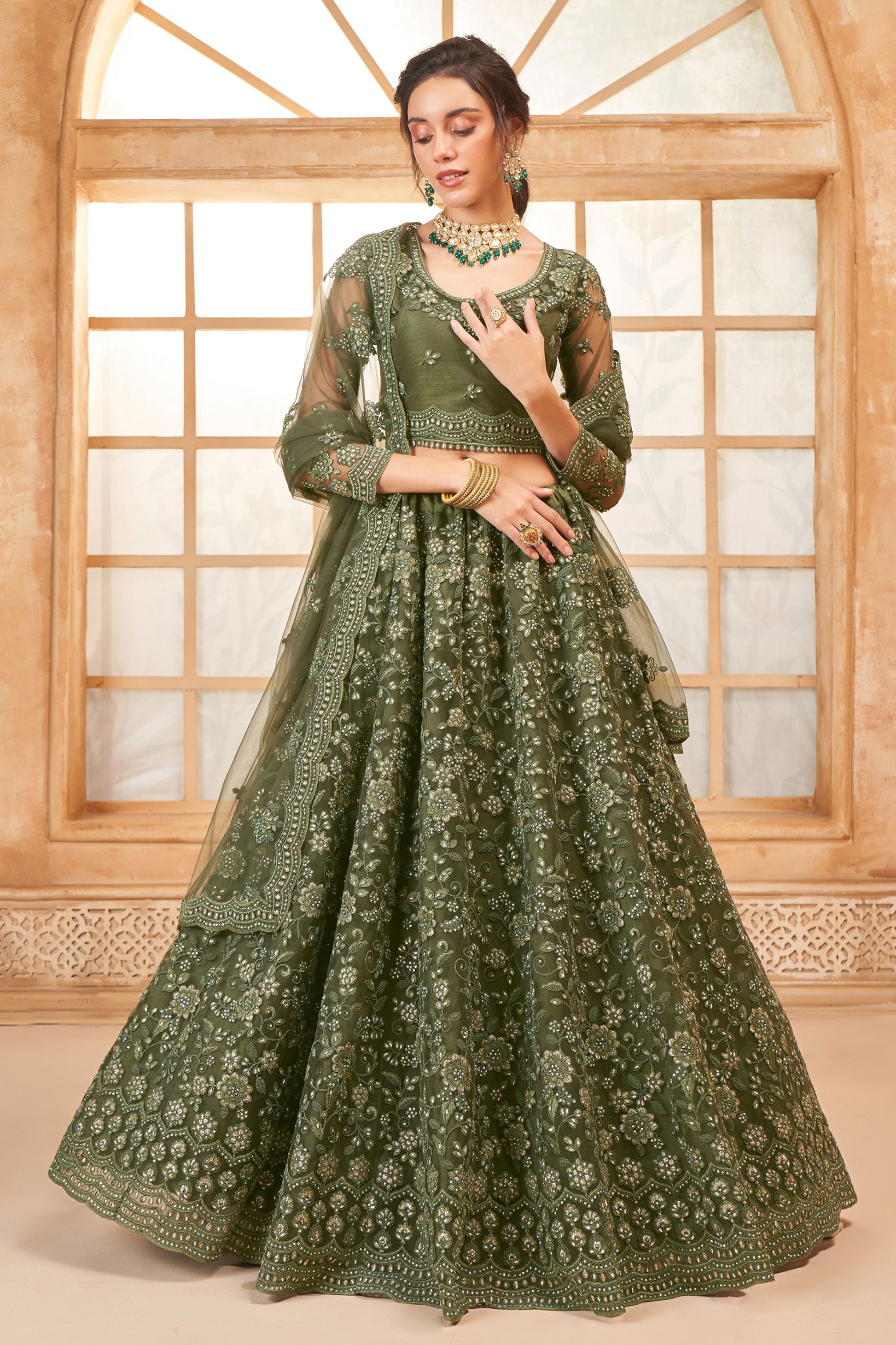 Beautiful Green Colored Heavy Net Lehenga, Un Stitched Blouse With Stone Worked Dupatta, Wedding Function Wear Lehenga Choli - Marriott Fashion