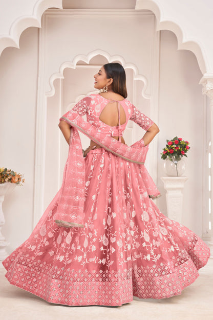 Pink Butterfly Net Embroidery And Thread Worked Wedding Wear Lehenga Choli